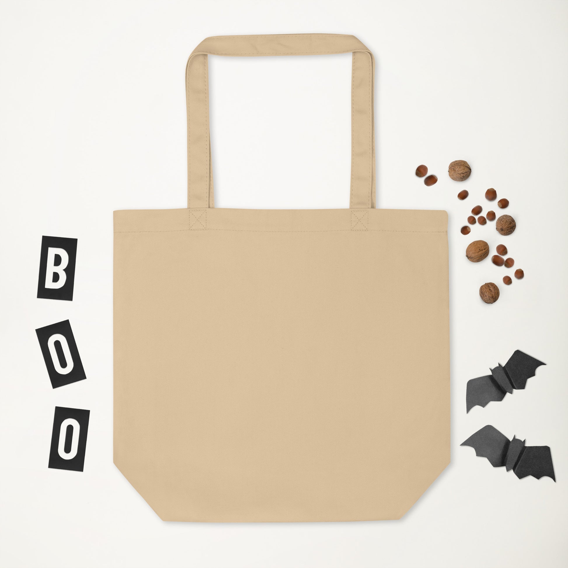 the plain back of an oyster colored tote bag