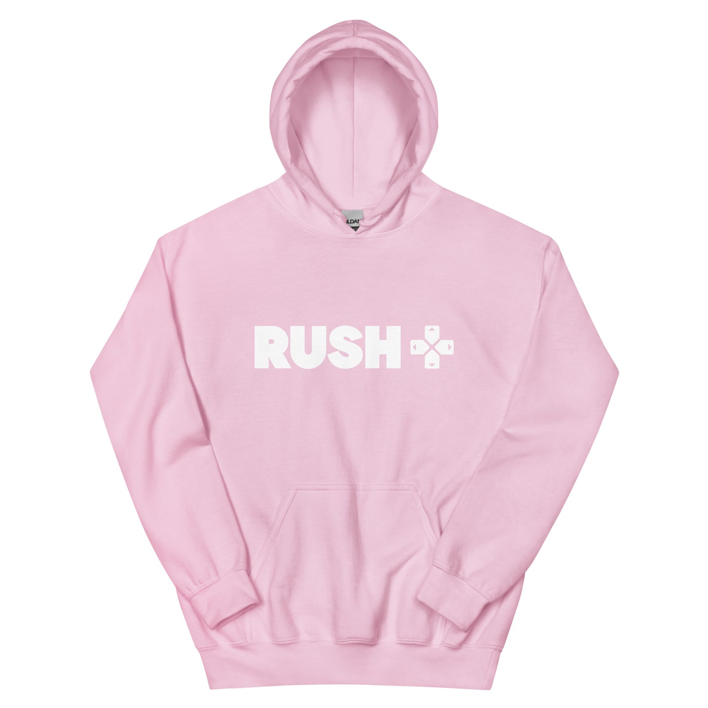 a pink hoodie with the Rush Logo. The Rush Logo says Rushin large letters with directional arrows next to it. 