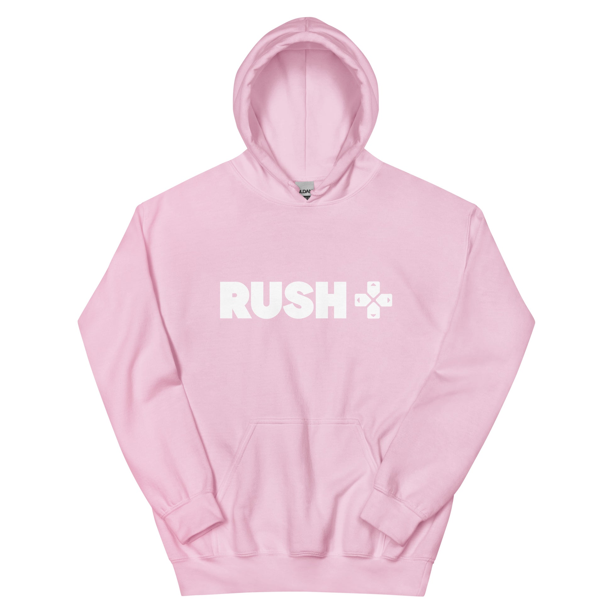a pink hoodie with the Rush Logo. The Rush Logo says Rushin large letters with directional arrows next to it. 