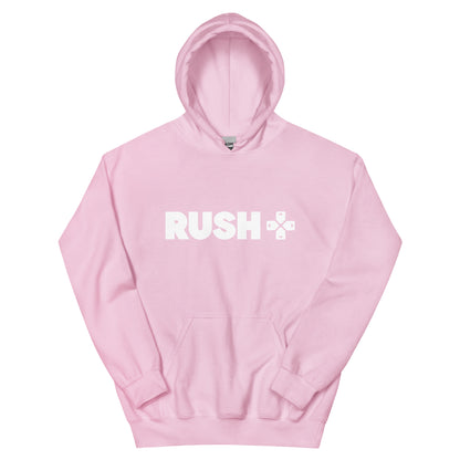 a pink hoodie with the Rush Logo. The Rush Logo says Rushin large letters with directional arrows next to it. 
