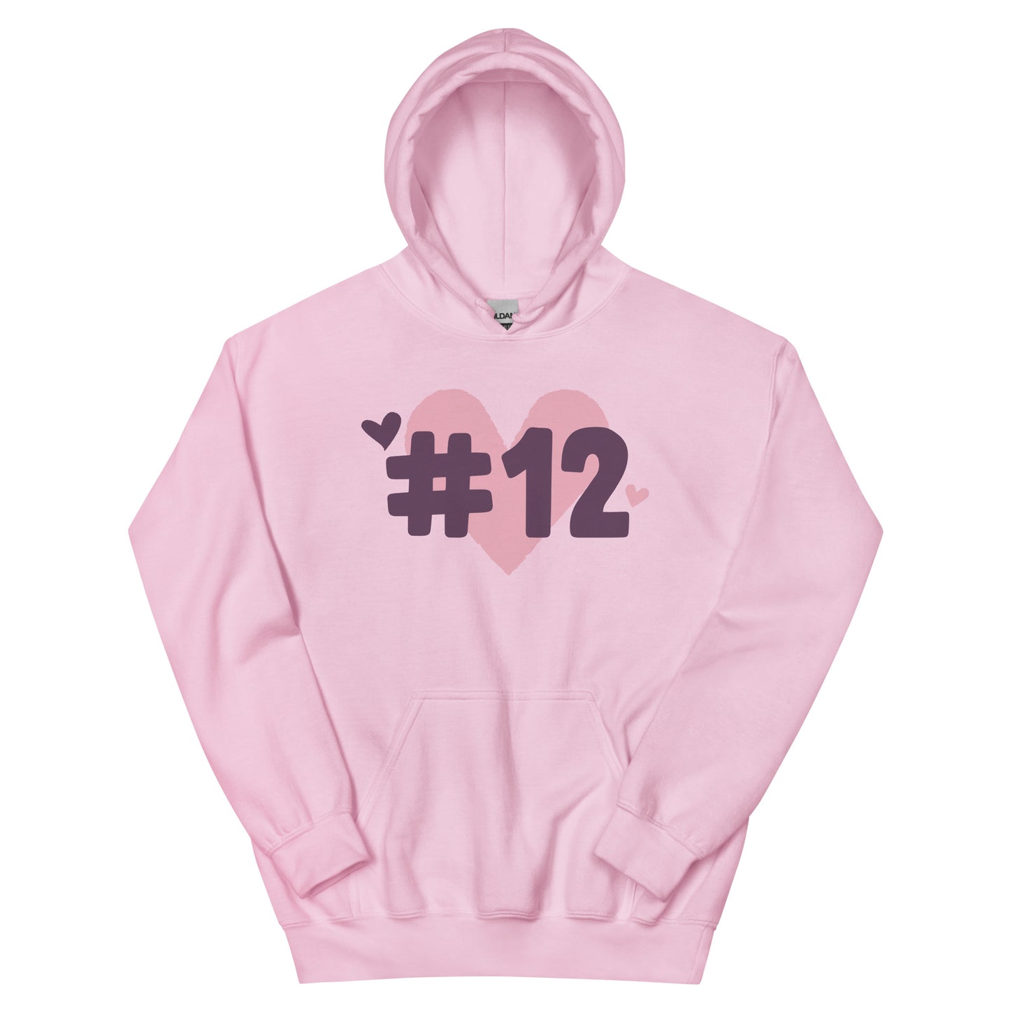 a pink hoodie with the I Heart #12 Logo. The Number 12 Logo is a large pink heart with #12 in black written over the heart.