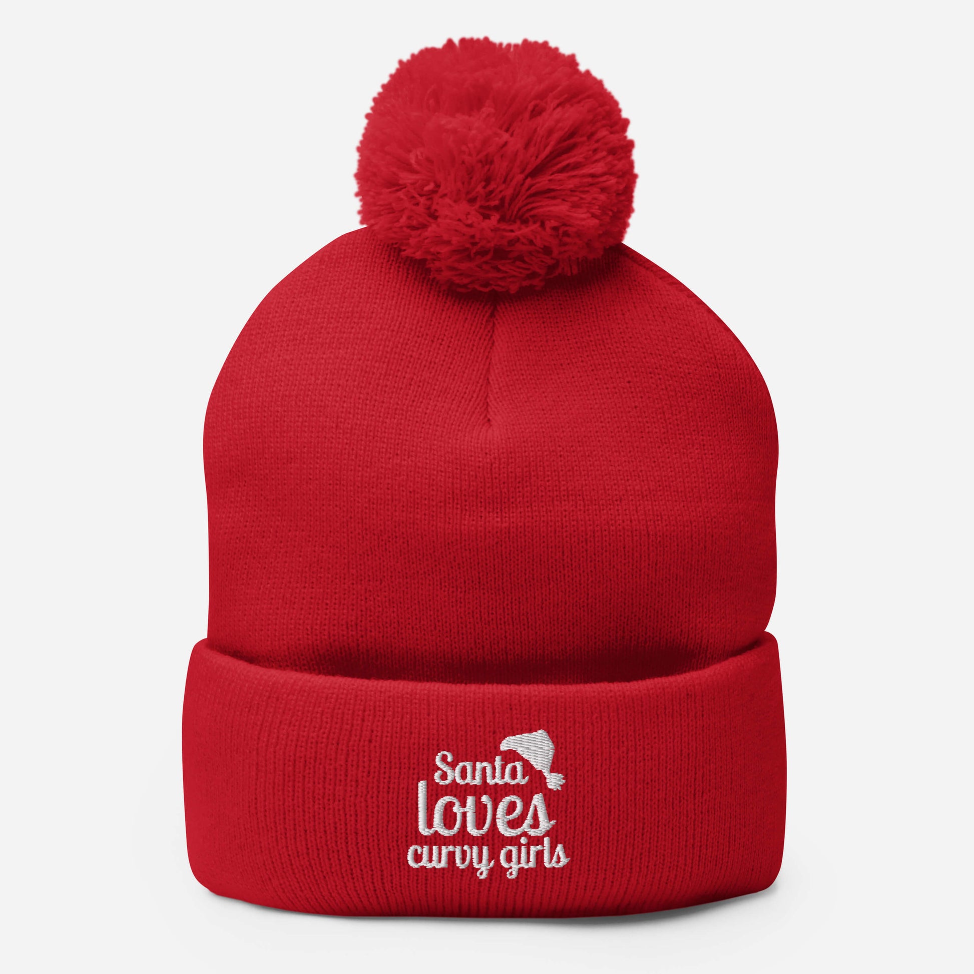 a red stocking hat with the Santa Loves Curvy Girls Logo, the words topped with a santa hat