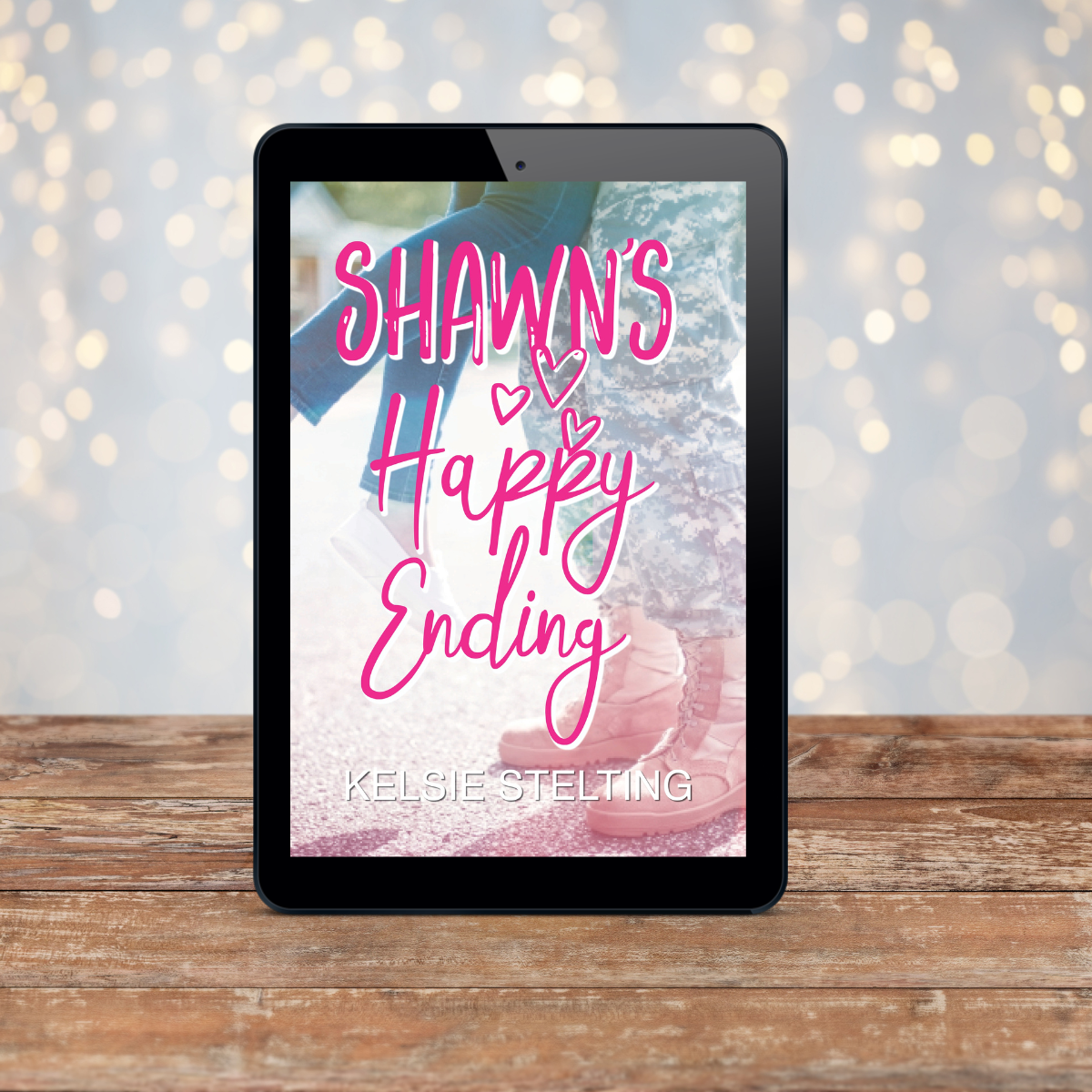 An ebook covero f Shawn's Happy Ending by Kelsie Stelting, its cover showing a man in a military uniform lifting a woman