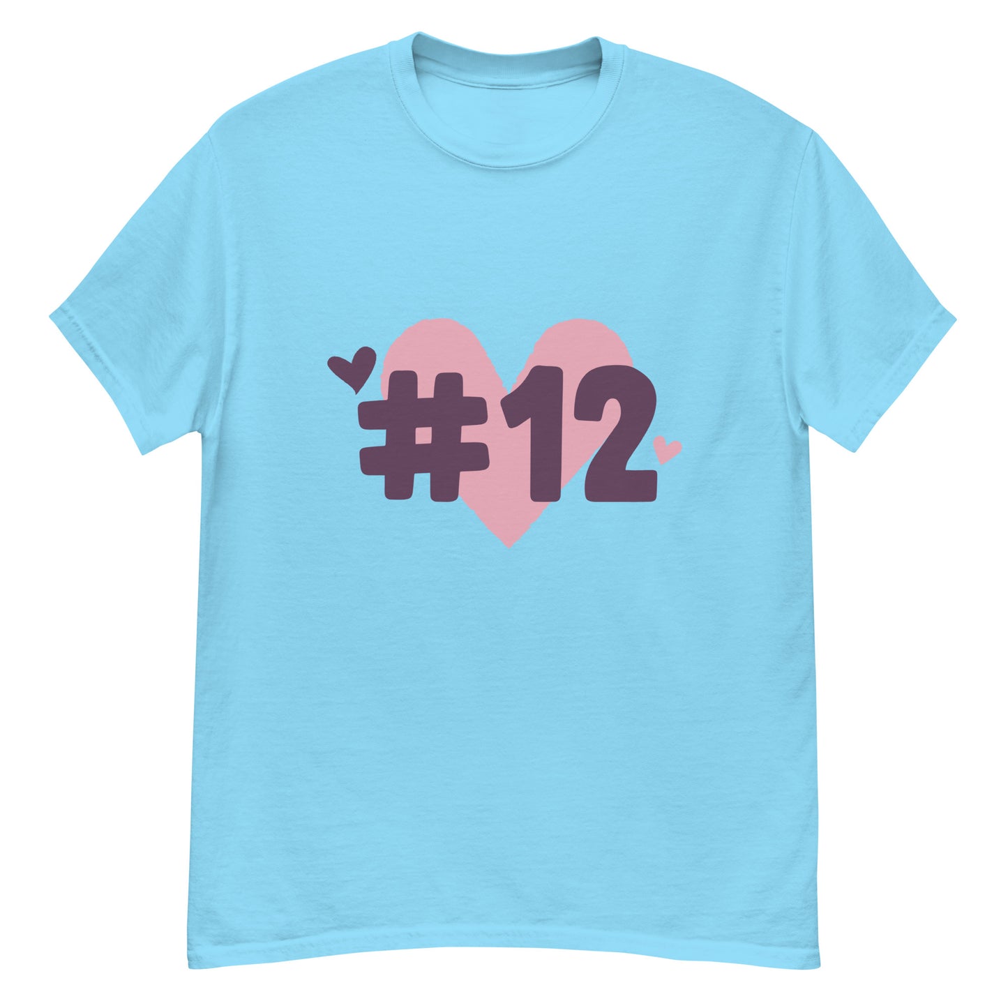 a sky blue t-shirt with the I Heart #12 Logo. The Number 12 Logo is a large pink heart with #12 in black written over the heart.