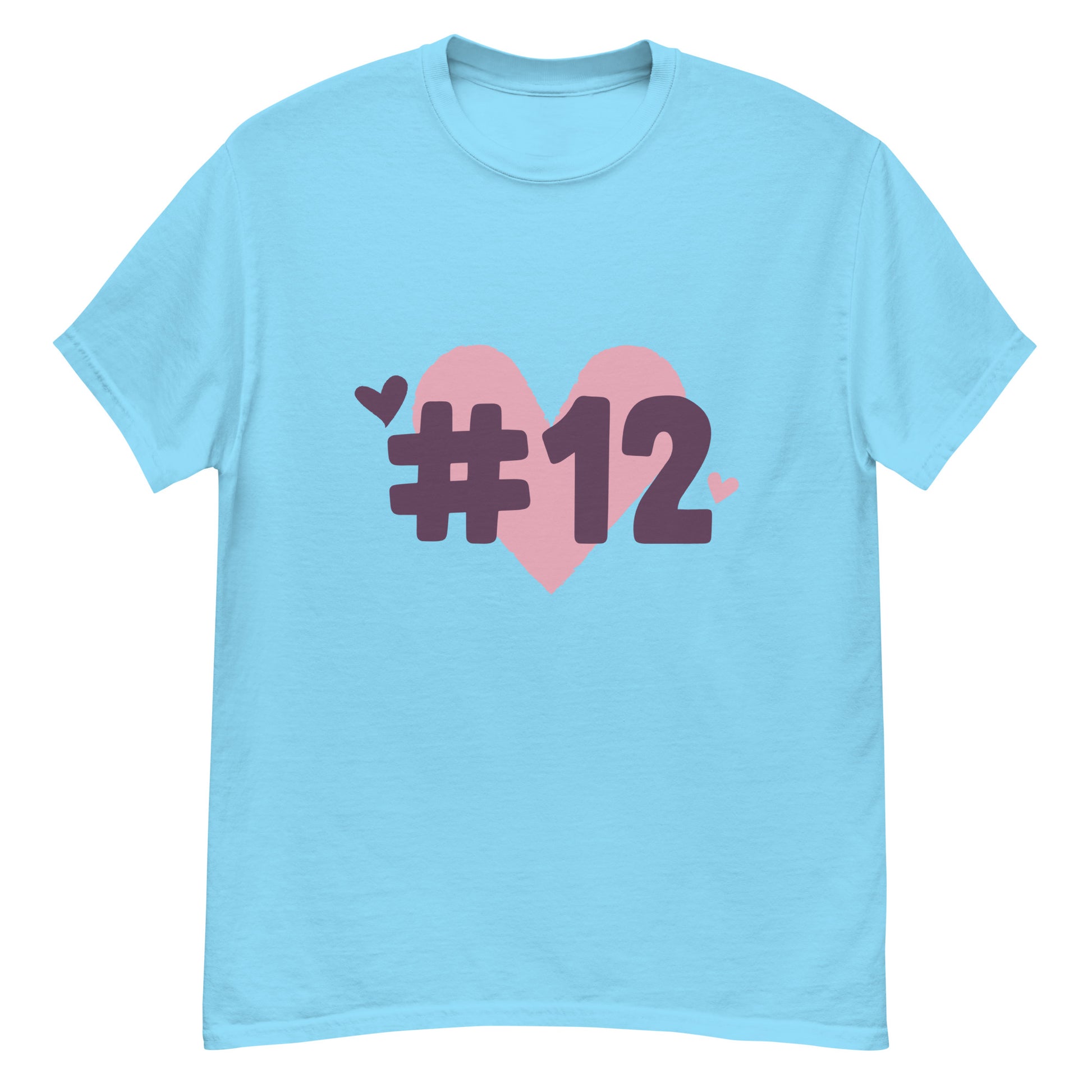 a sky blue t-shirt with the I Heart #12 Logo. The Number 12 Logo is a large pink heart with #12 in black written over the heart.