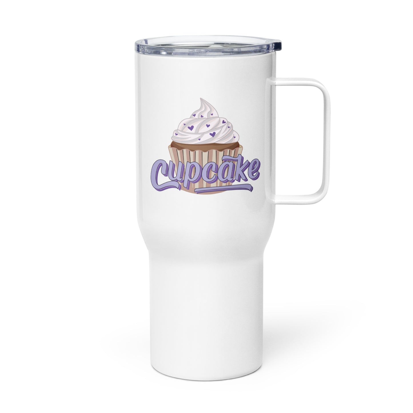 a white travel mug with the cupcake logo. The cupcake logo is a large cupcake covered in sprinkles, with cupcake written over it in pink block letters