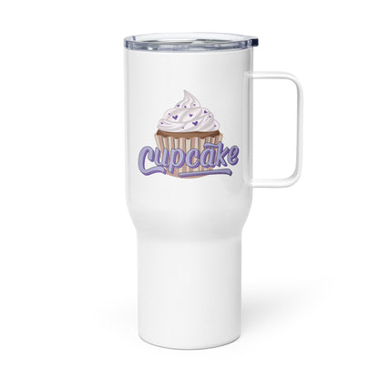 a white travel mug with the cupcake logo. The cupcake logo is a large cupcake covered in sprinkles, with cupcake written over it in pink block letters