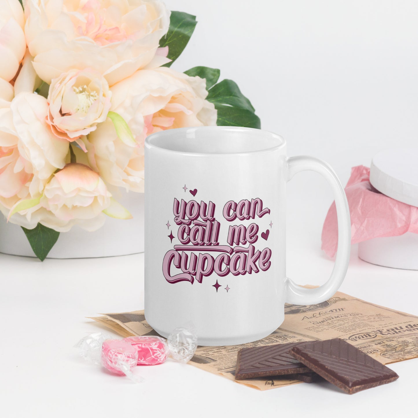 You can call me Cupcake written in big pink lettering on a white coffee mug