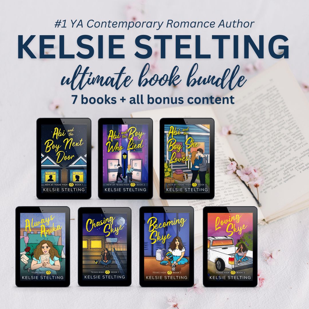 #1 YA Contemporary Romance Author 
Kelsie Stelting Ultimate Bundle, 7 books +all bonus content: Including Abi and the Boy Next Door, Abi and the Boy who Lied, Abi and the Boy she Loved, Chasing Skye, Becoming Skye, Loving Skye and Always Anika. eBook editions