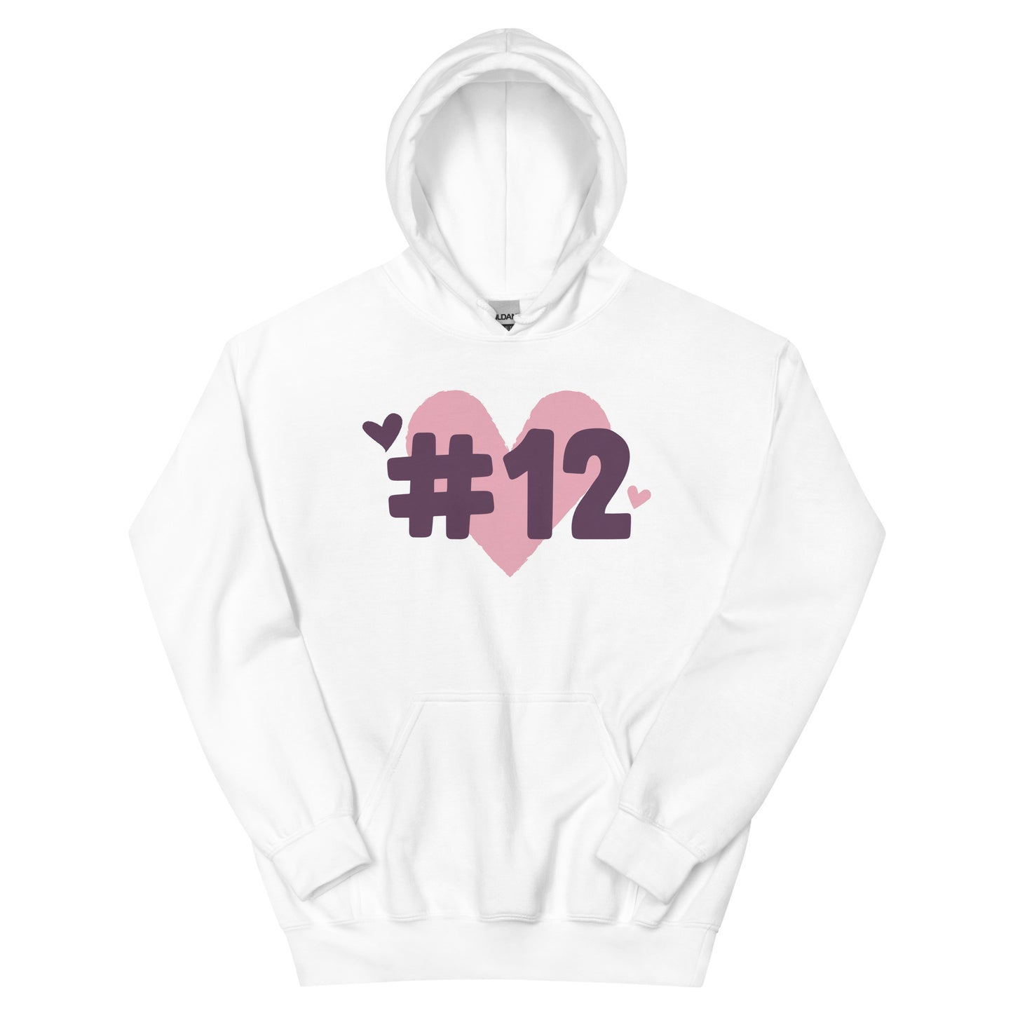 a white hoodie with the I Heart #12 Logo. The Number 12 Logo is a large pink heart with #12 in black written over the heart.