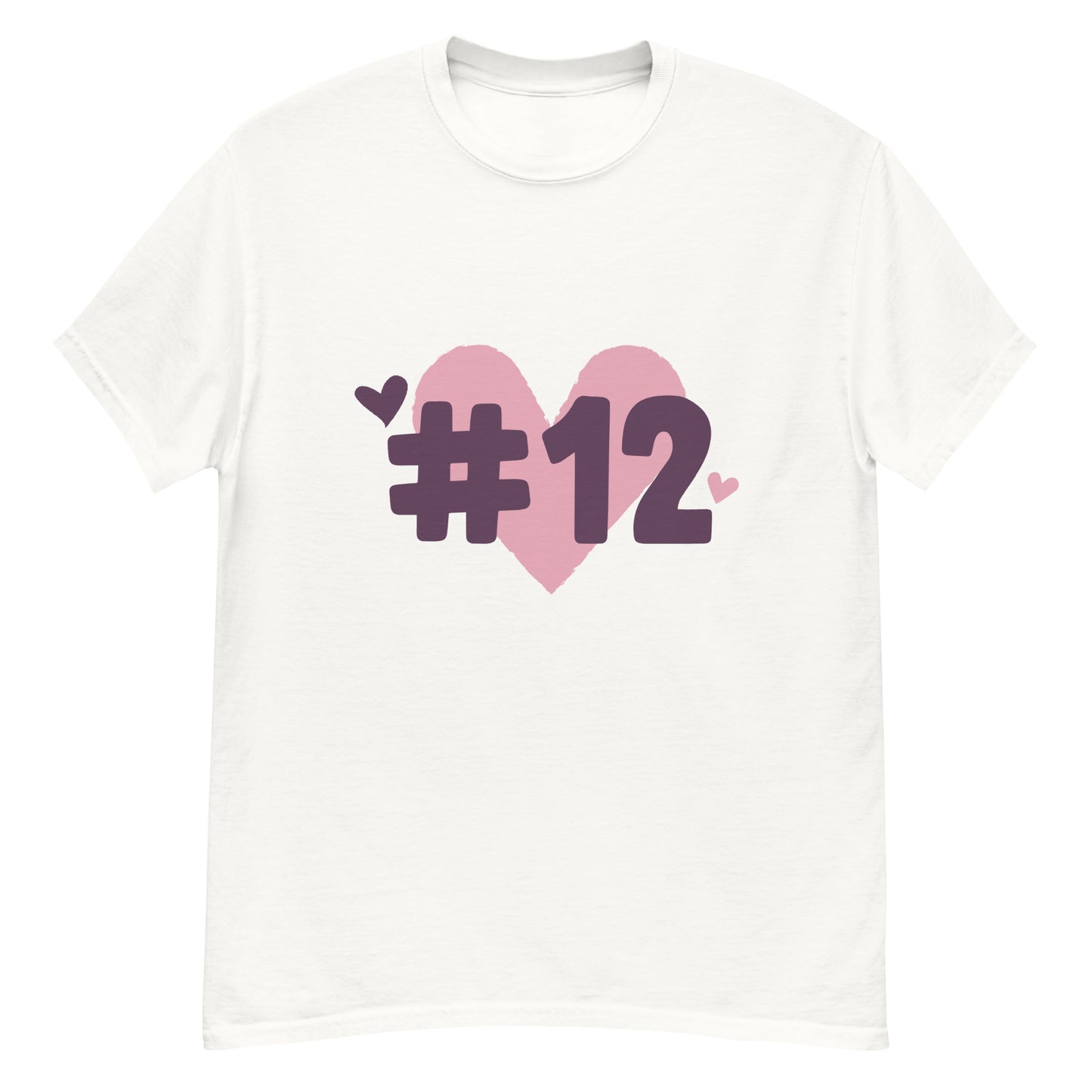 a white t-shirt with the I Heart #12 Logo. The Number 12 Logo is a large pink heart with #12 in black written over the heart.