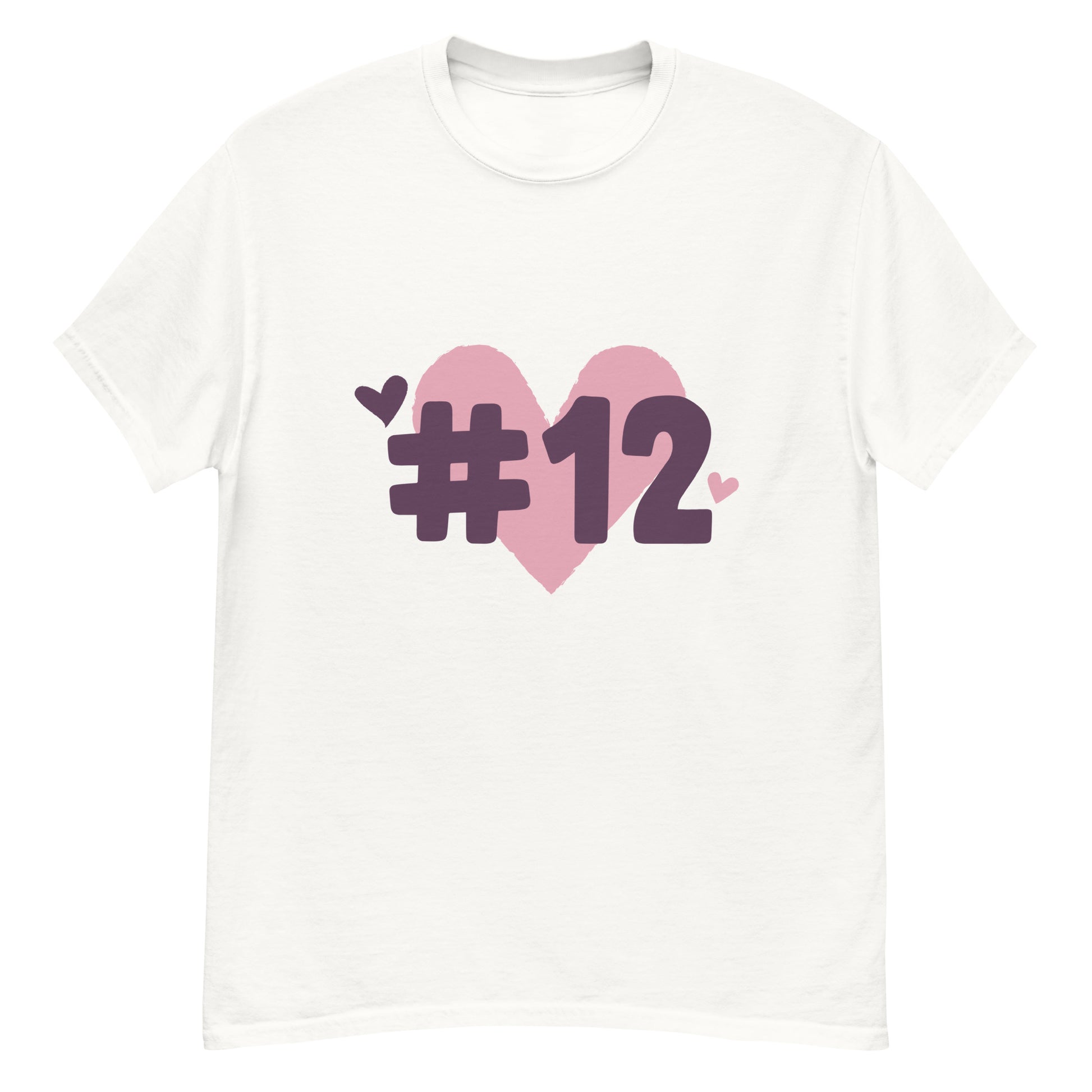a white t-shirt with the I Heart #12 Logo. The Number 12 Logo is a large pink heart with #12 in black written over the heart.