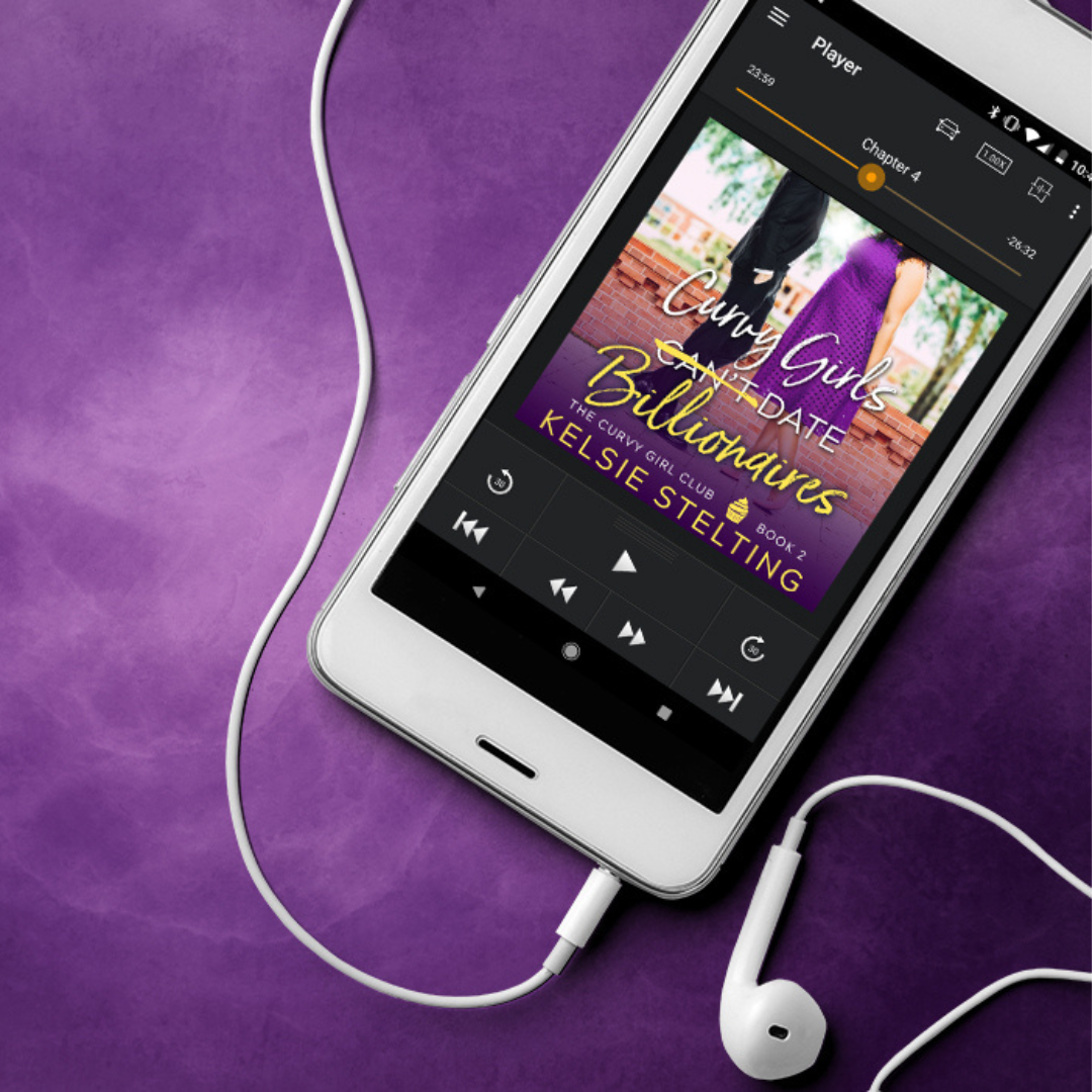 An audiobook player shows a book cover.  The book's title is Curvy Girls Can't Date Billionaires, The Curvy Girl Club Book 2, by author Kelsie Stelting
