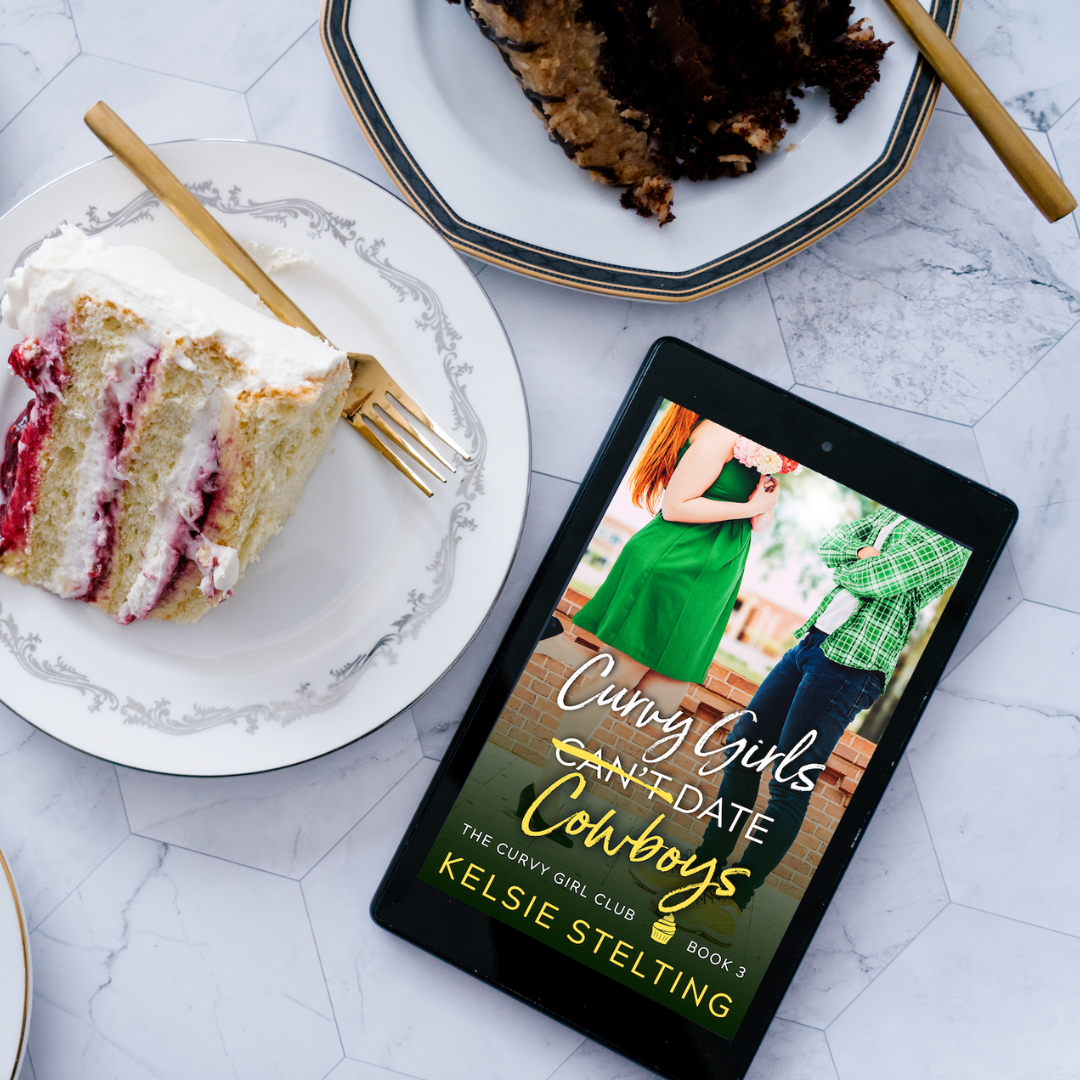 an eBook player shows a book cover.  The book's title is Curvy Girls Can't Date Cowboys, The Curvy Girl Club Book 3, by author Kelsie Stelting