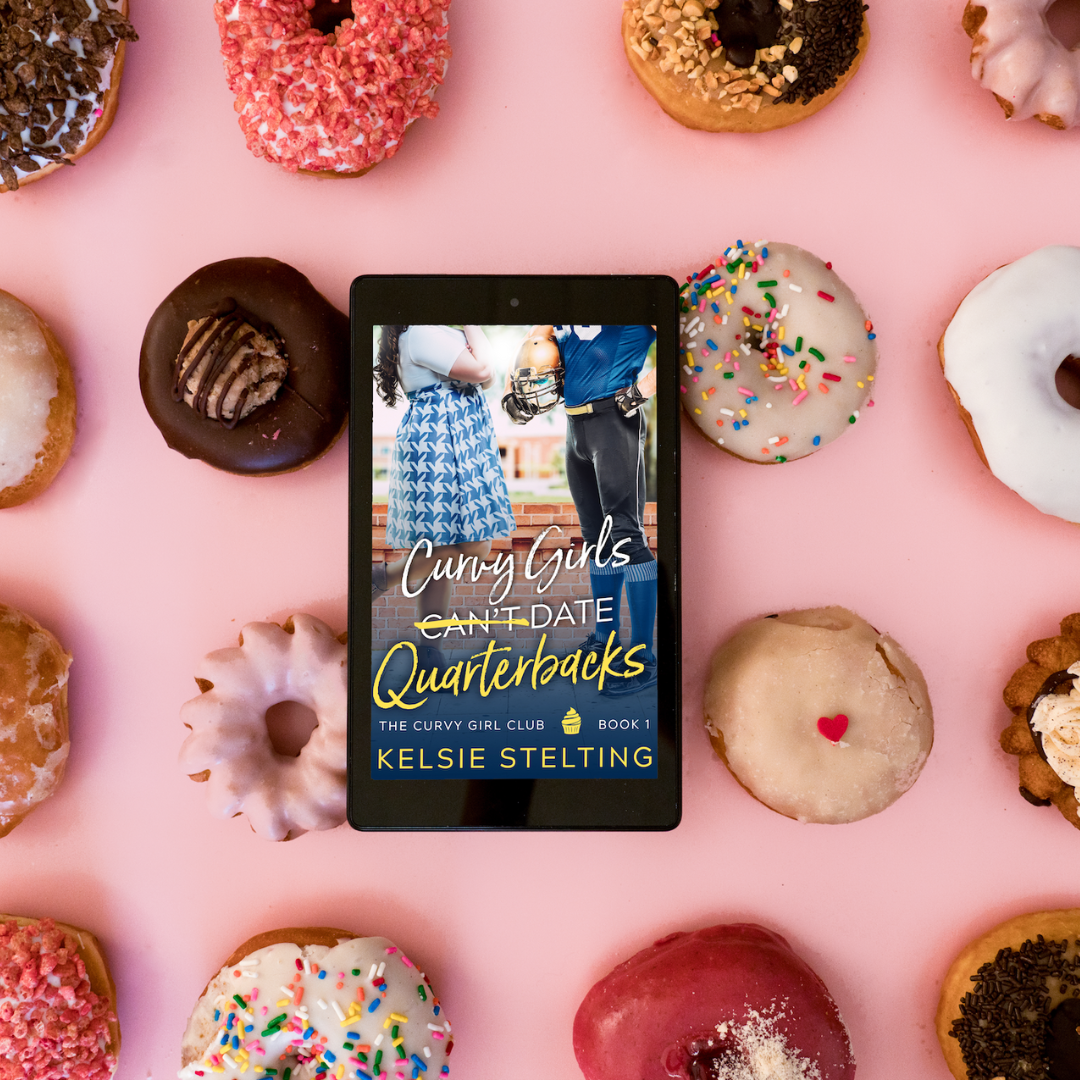 An eBook reader against a background of pink donuts shows a book cover titled "Curvy Girls Can't Date Quarterbacks" The Curvy Girl Club Book 1 
Kelsie Stelting