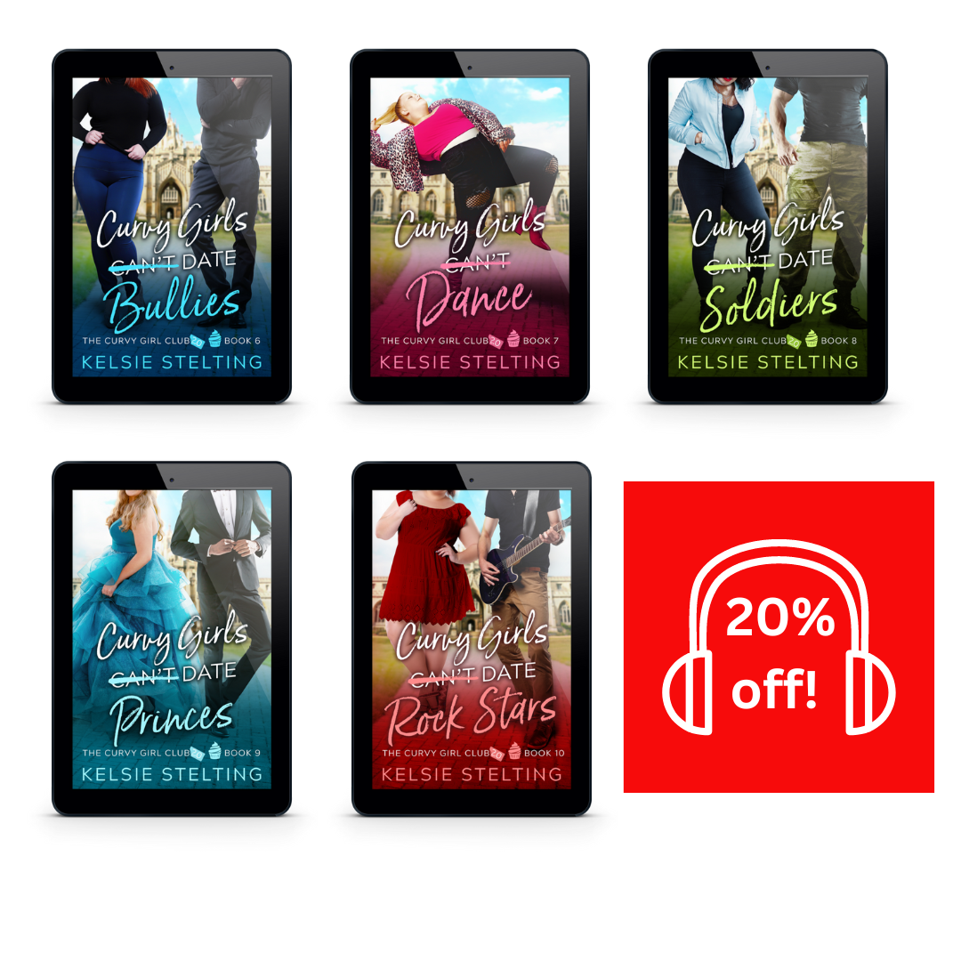 5 audiobooks, 20% Off. plus special bonus scenes.  The books are: 
Curvy Girls Can't Date Bullies, Curvy Girls Can't Dance,  Curvy Girls Can't Date Soldiers, Curvy Girls Can't Date Princes,  and Curvy Girls Can't Date Rock Stars. By Author Kelsie Stelting