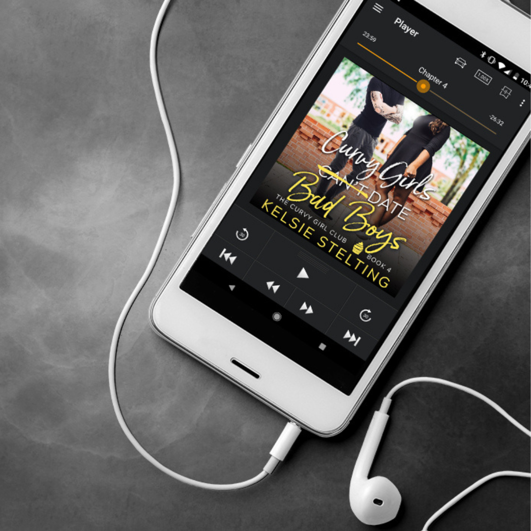 an audiobook shows a book cover. The book's title is Curvy Girls Can't Date Bad Boys, The Curvy Girl Club Book 4, by author Kelsie Stelting