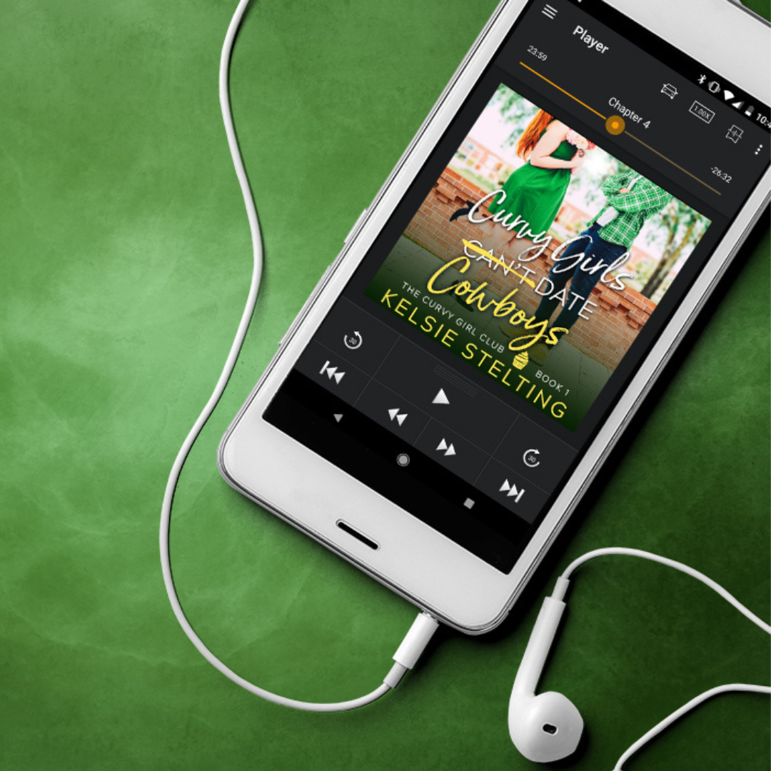 an audiobook player shows a book cover.  The book's title is Curvy Girls Can't Date Cowboys, The Curvy Girl Club Book 3, by author Kelsie Stelting