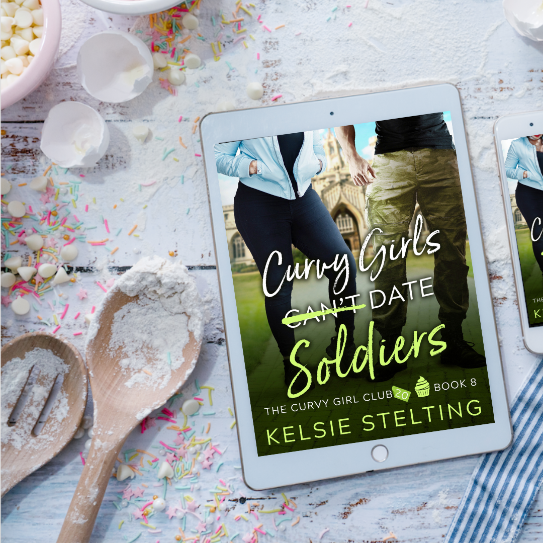 An eBook. The book's title is Curvy Girls Can't Date Soldiers, The Curvy Girl Club Book 8 by author Kelsie Stelting